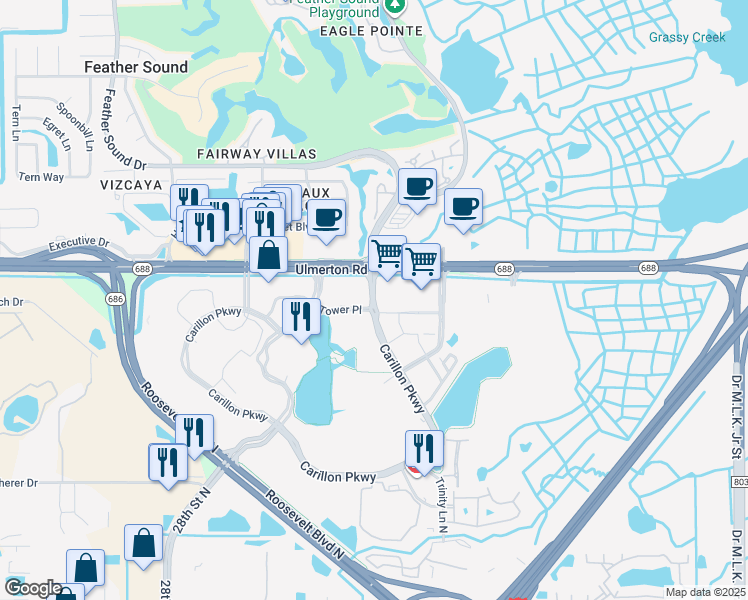 map of restaurants, bars, coffee shops, grocery stores, and more near 128 Carillon Parkway in St. Petersburg