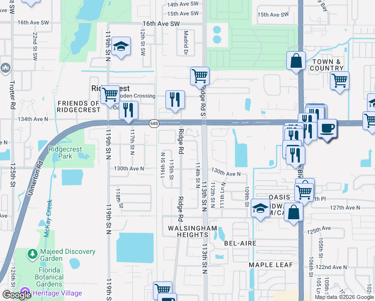 map of restaurants, bars, coffee shops, grocery stores, and more near 11456 132nd Avenue North in Largo