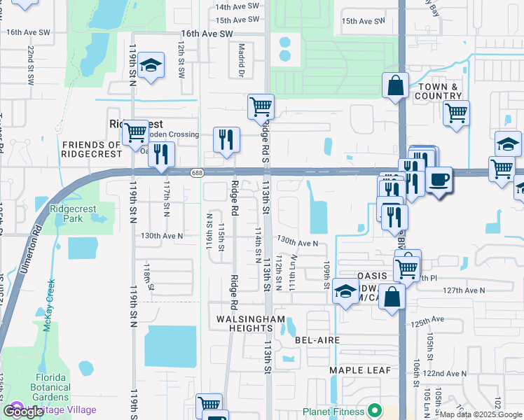 map of restaurants, bars, coffee shops, grocery stores, and more near 13217 114th Street North in Largo