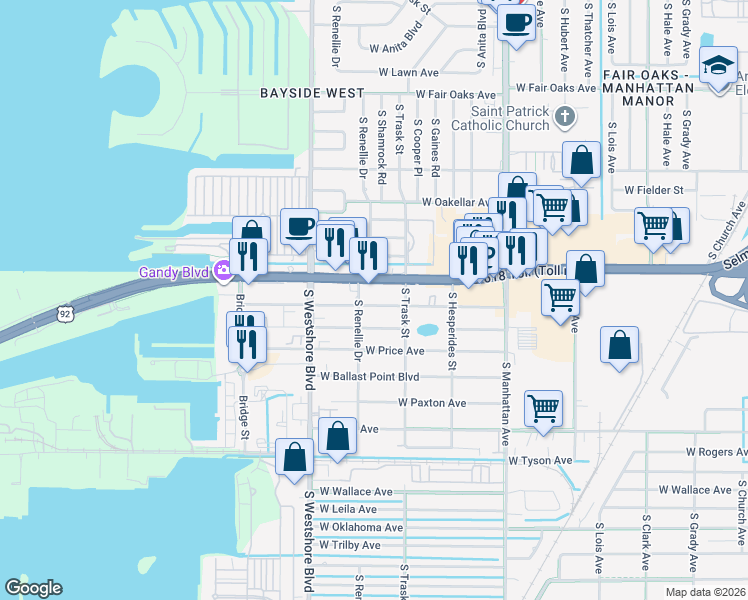 map of restaurants, bars, coffee shops, grocery stores, and more near 4611 West McElroy Avenue in Tampa