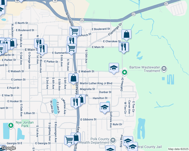 map of restaurants, bars, coffee shops, grocery stores, and more near 1770 Laurel Street in Bartow