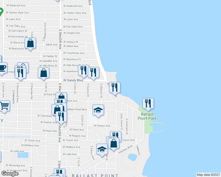 map of restaurants, bars, coffee shops, grocery stores, and more near 4937 Bayshore Boulevard in Tampa