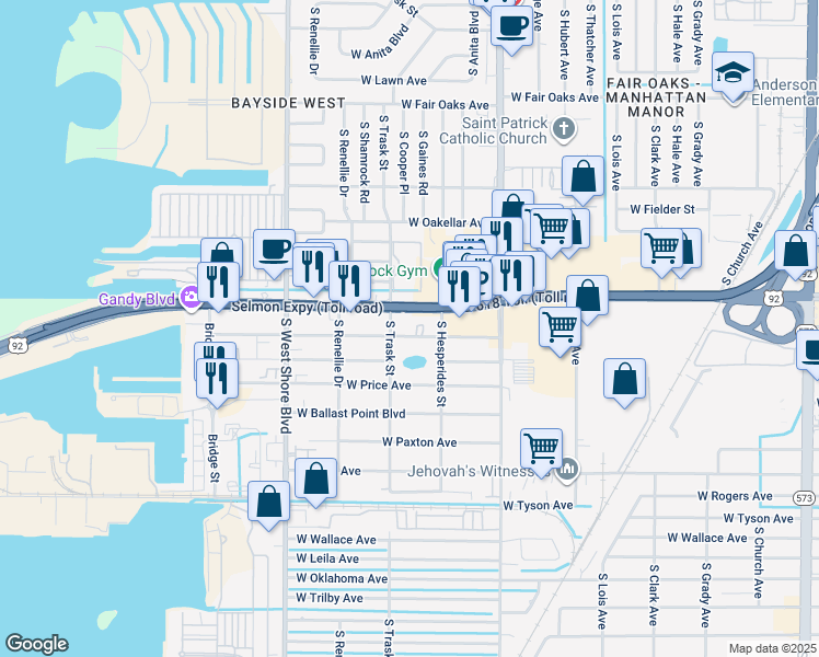 map of restaurants, bars, coffee shops, grocery stores, and more near 4910 South Trask Street in Tampa
