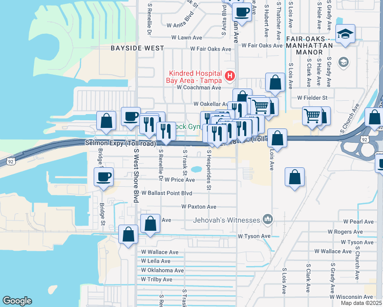 map of restaurants, bars, coffee shops, grocery stores, and more near 4910 South Trask Street in Tampa