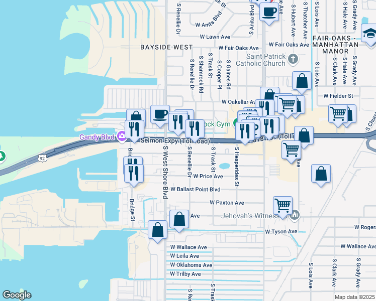 map of restaurants, bars, coffee shops, grocery stores, and more near 4703 West McElroy Avenue in Tampa