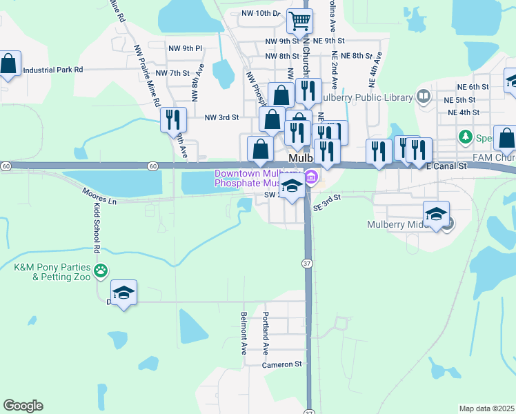 map of restaurants, bars, coffee shops, grocery stores, and more near 309 Southwest 3rd Terrace in Mulberry