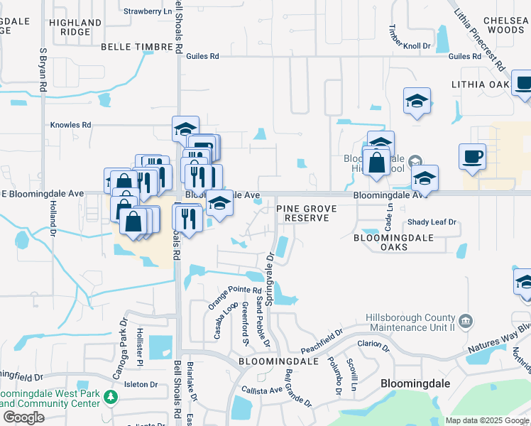 map of restaurants, bars, coffee shops, grocery stores, and more near 3447 Timber Run Drive in Valrico