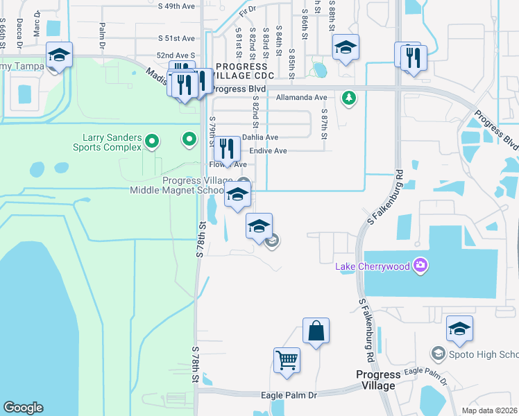 map of restaurants, bars, coffee shops, grocery stores, and more near 6012 South 82nd Street in Tampa