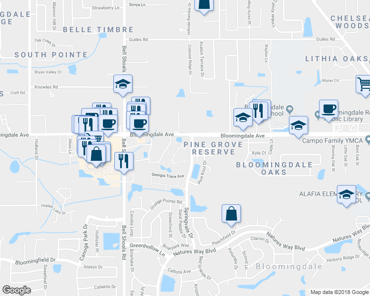 map of restaurants, bars, coffee shops, grocery stores, and more near 3441 Timber Run Drive in Valrico