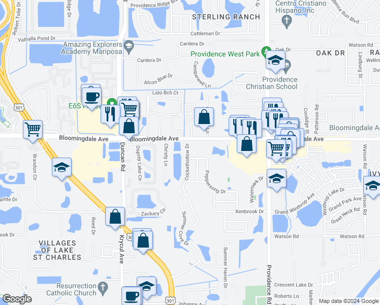 map of restaurants, bars, coffee shops, grocery stores, and more near 6012 Crickethollow Drive in Riverview
