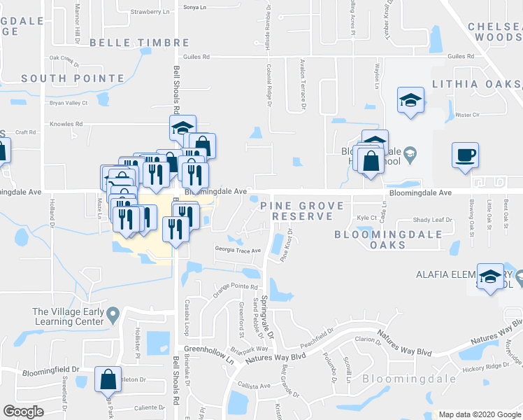map of restaurants, bars, coffee shops, grocery stores, and more near 3405 Timber Run Drive in Valrico