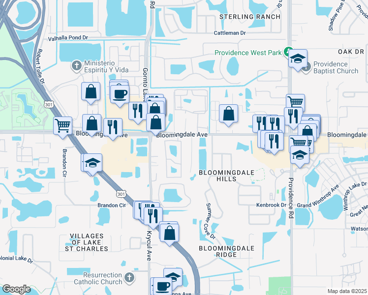 map of restaurants, bars, coffee shops, grocery stores, and more near 6007 Christy Lane in Riverview