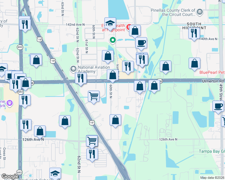 map of restaurants, bars, coffee shops, grocery stores, and more near 13311a 60th Street North in Clearwater