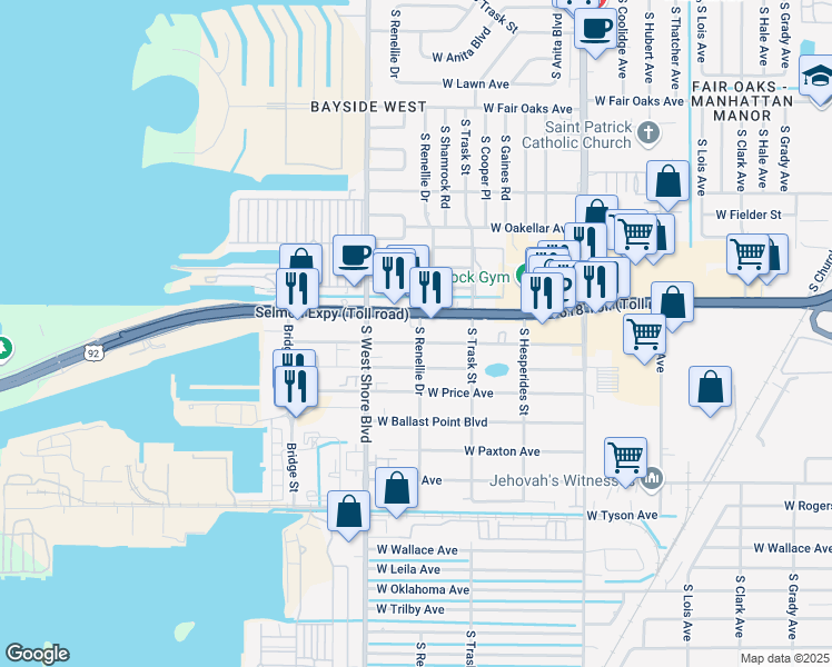 map of restaurants, bars, coffee shops, grocery stores, and more near 4703 West McElroy Avenue in Tampa