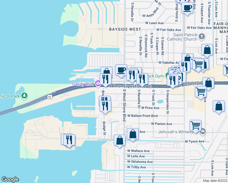 map of restaurants, bars, coffee shops, grocery stores, and more near 4859 West McElroy Avenue in Tampa