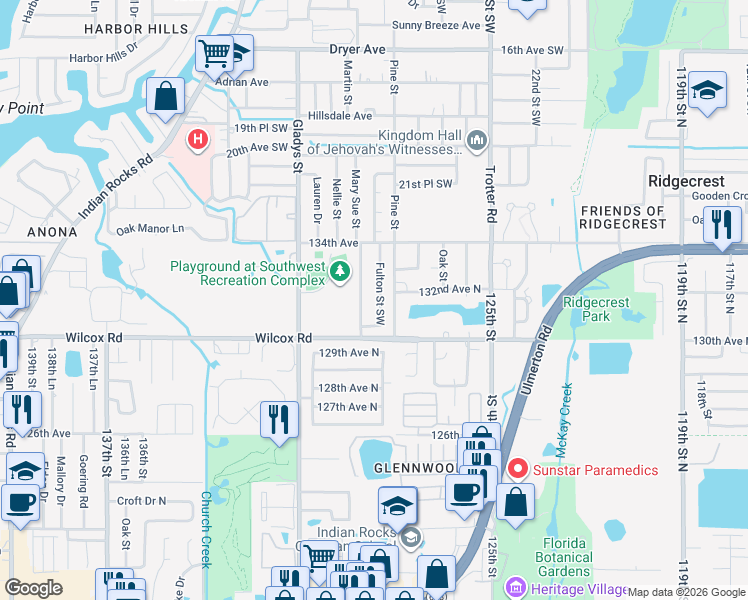 map of restaurants, bars, coffee shops, grocery stores, and more near 2705 Fulton Street Southwest in Largo