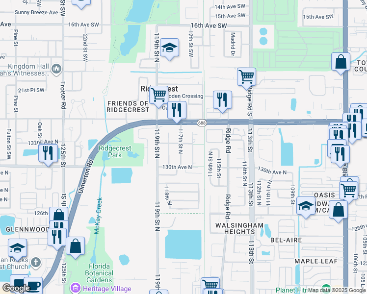 map of restaurants, bars, coffee shops, grocery stores, and more near 13185 117th Street North in Largo