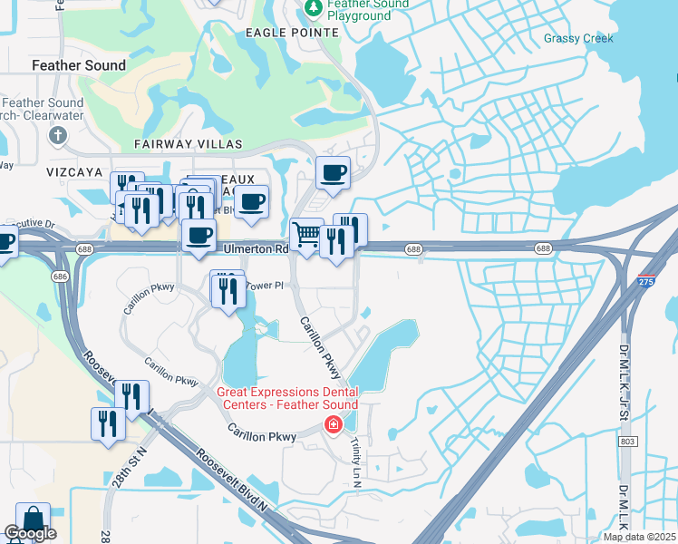 map of restaurants, bars, coffee shops, grocery stores, and more near 150 Fountain Parkway North in Saint Petersburg