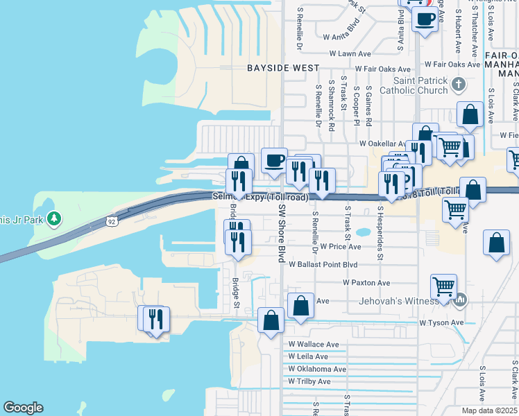 map of restaurants, bars, coffee shops, grocery stores, and more near 4863 West McElroy Avenue in Tampa