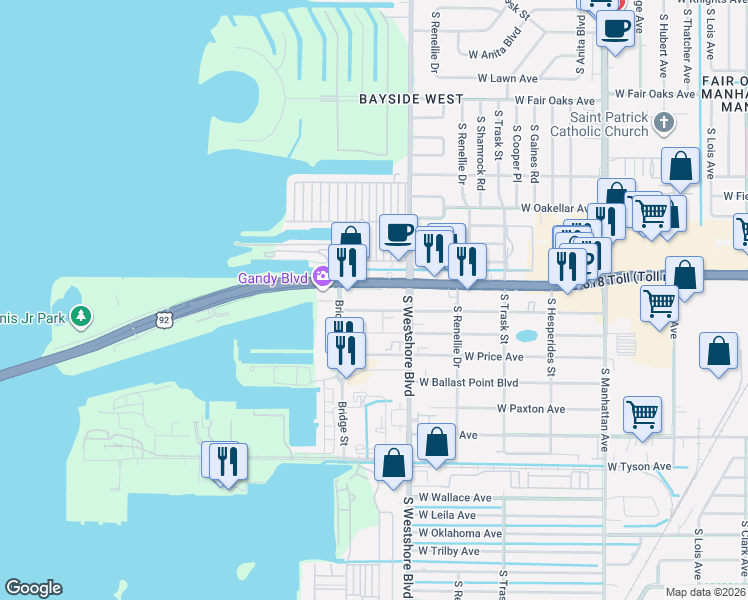map of restaurants, bars, coffee shops, grocery stores, and more near 4859 West McElroy Avenue in Tampa