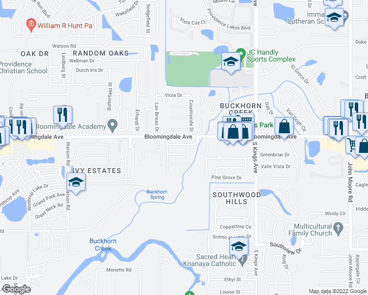 map of restaurants, bars, coffee shops, grocery stores, and more near 1405 Bloomingdale Trails Boulevard in Brandon