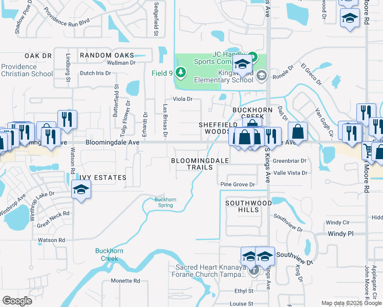 map of restaurants, bars, coffee shops, grocery stores, and more near 1407 Bloomingdale Trails Boulevard in Brandon