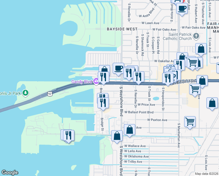 map of restaurants, bars, coffee shops, grocery stores, and more near 4859 West McElroy Avenue in Tampa