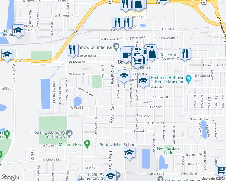 map of restaurants, bars, coffee shops, grocery stores, and more near 530 South Floral Avenue in Bartow