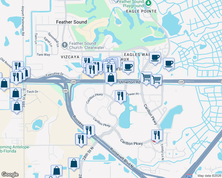 map of restaurants, bars, coffee shops, grocery stores, and more near 900 Carillon Parkway in St. Petersburg