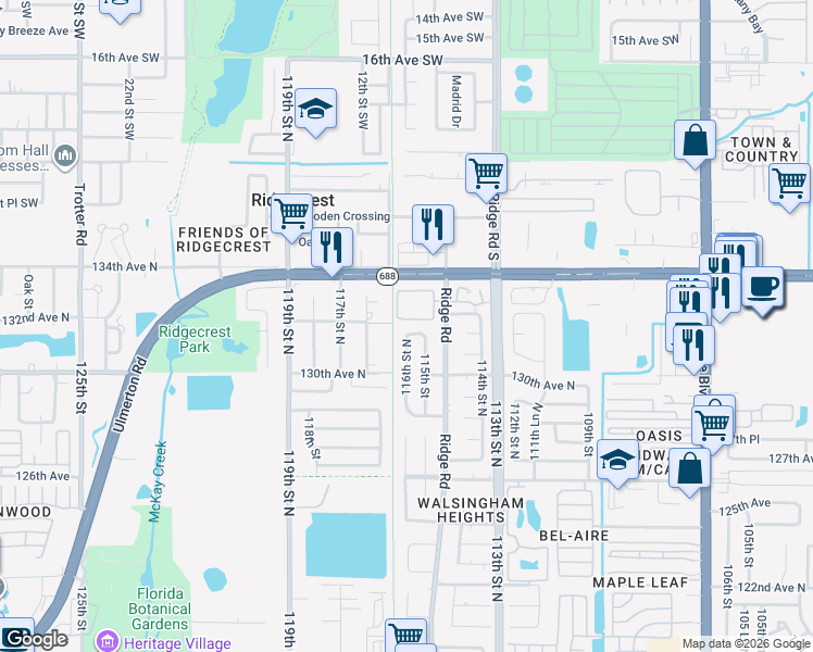 map of restaurants, bars, coffee shops, grocery stores, and more near 11520 132nd Avenue in Largo