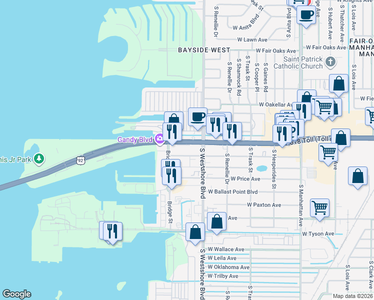 map of restaurants, bars, coffee shops, grocery stores, and more near 4821 West McElroy Avenue in Tampa