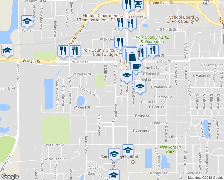 map of restaurants, bars, coffee shops, grocery stores, and more near 330 West Stanley Street in Bartow