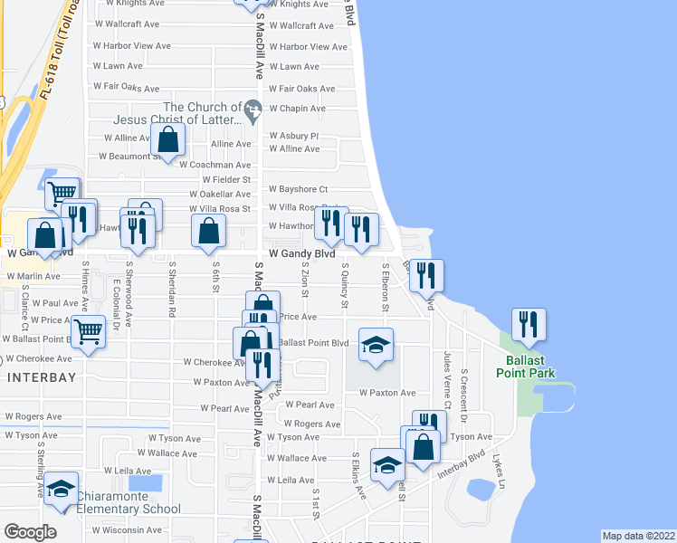 map of restaurants, bars, coffee shops, grocery stores, and more near 4909 South Quincy Street in Tampa