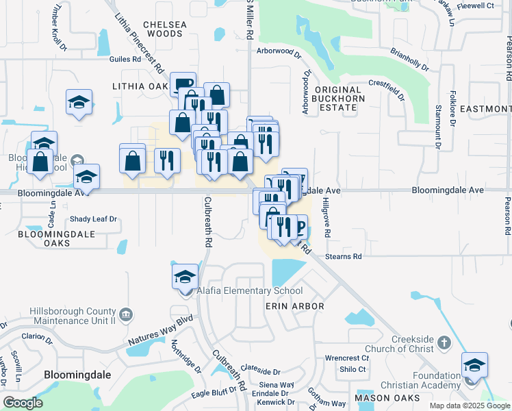 map of restaurants, bars, coffee shops, grocery stores, and more near 3402 Lithia Pinecrest Road in Valrico