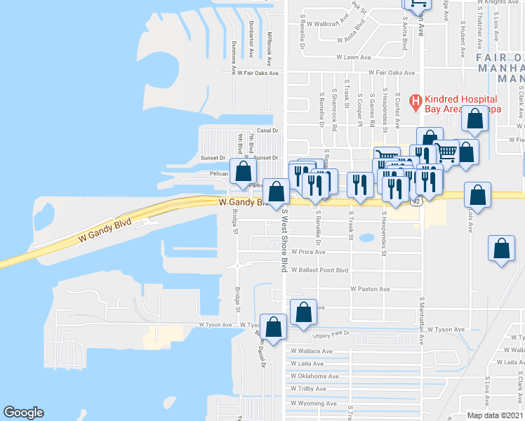 map of restaurants, bars, coffee shops, grocery stores, and more near 4863 West McElroy Avenue in Tampa