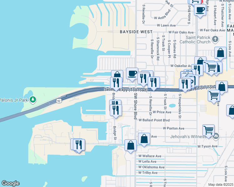 map of restaurants, bars, coffee shops, grocery stores, and more near 5001 Bridge Street in Tampa
