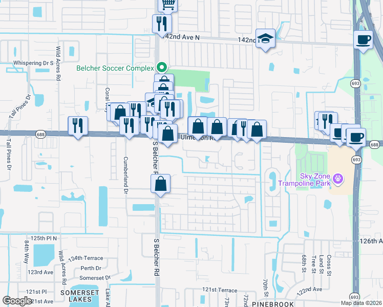 map of restaurants, bars, coffee shops, grocery stores, and more near 7360 Ulmerton Road in Largo