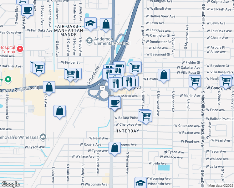 map of restaurants, bars, coffee shops, grocery stores, and more near in Tampa