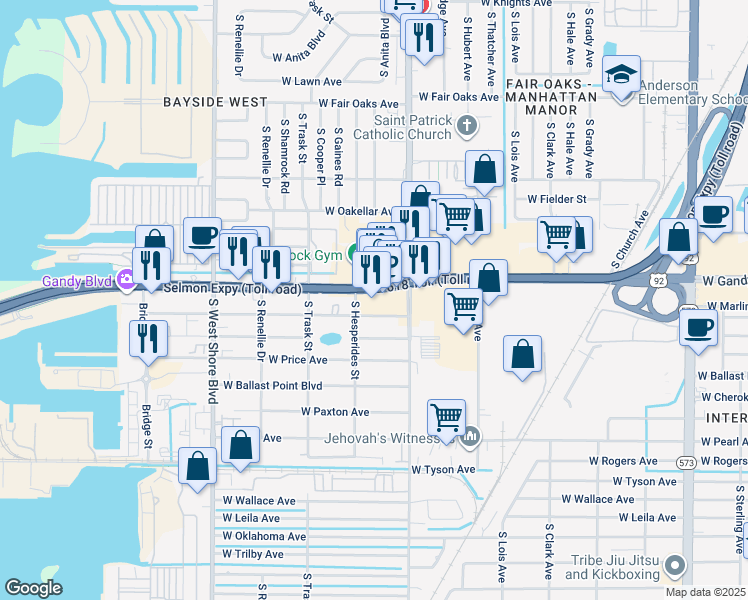 map of restaurants, bars, coffee shops, grocery stores, and more near 4410 West McElroy Avenue in Tampa