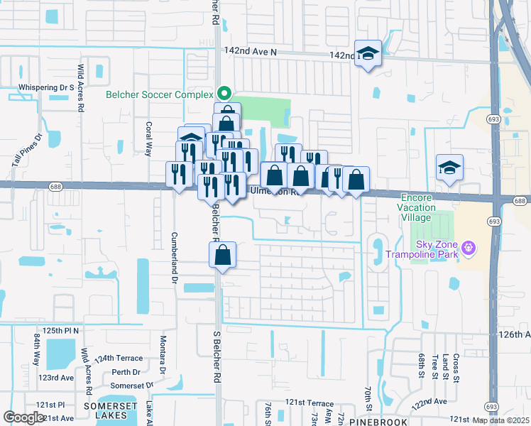map of restaurants, bars, coffee shops, grocery stores, and more near 7360 Ulmerton Road in Largo