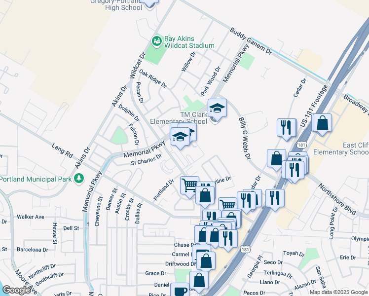 map of restaurants, bars, coffee shops, grocery stores, and more near 4600 Wildcat Drive in Portland