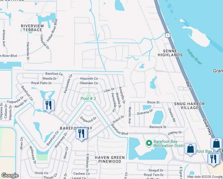 map of restaurants, bars, coffee shops, grocery stores, and more near 641 Hyacinth Circle in Micco