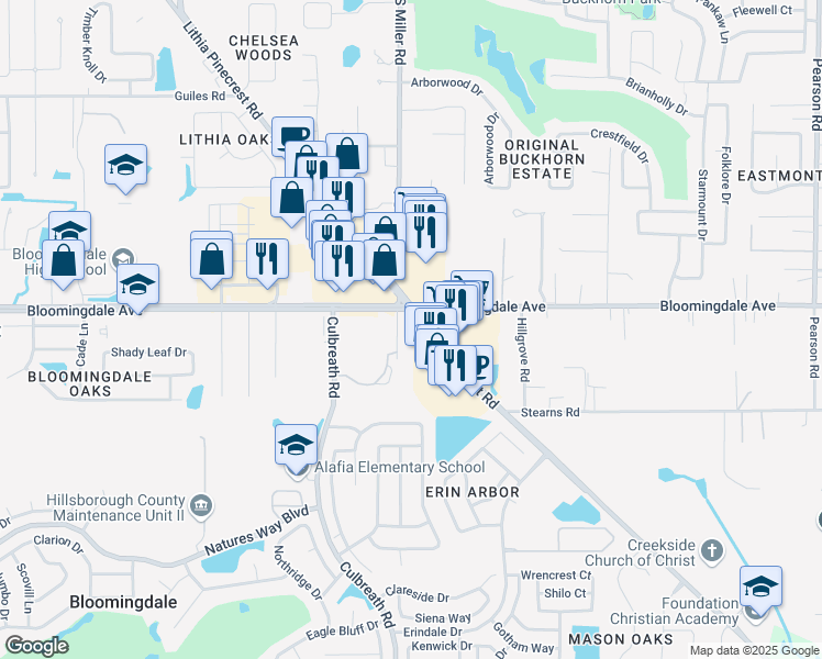 map of restaurants, bars, coffee shops, grocery stores, and more near 3402 Lithia Pinecrest Road in Valrico