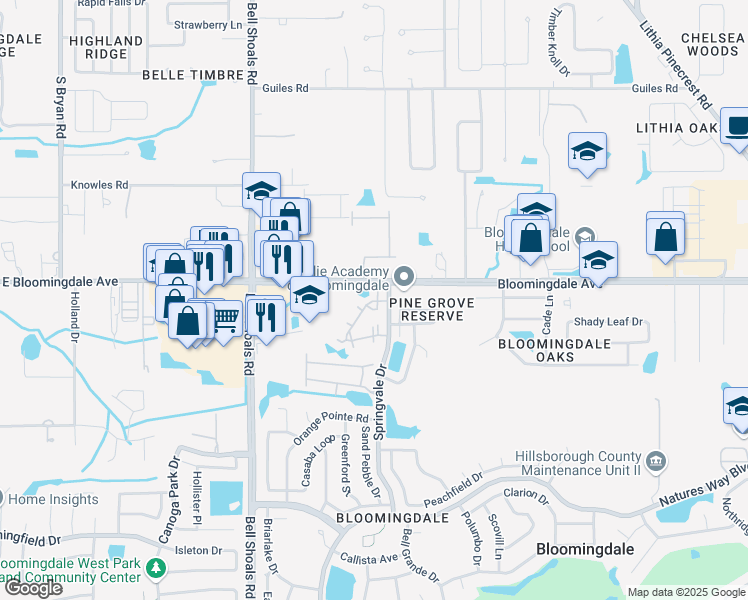 map of restaurants, bars, coffee shops, grocery stores, and more near 3431 Eagleridge Court in Valrico