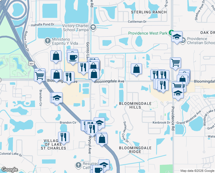 map of restaurants, bars, coffee shops, grocery stores, and more near 6570 Osprey Lake Circle in Riverview