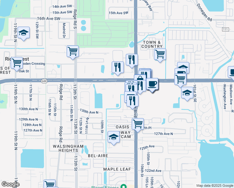 map of restaurants, bars, coffee shops, grocery stores, and more near 10750 Ulmerton Road in Largo