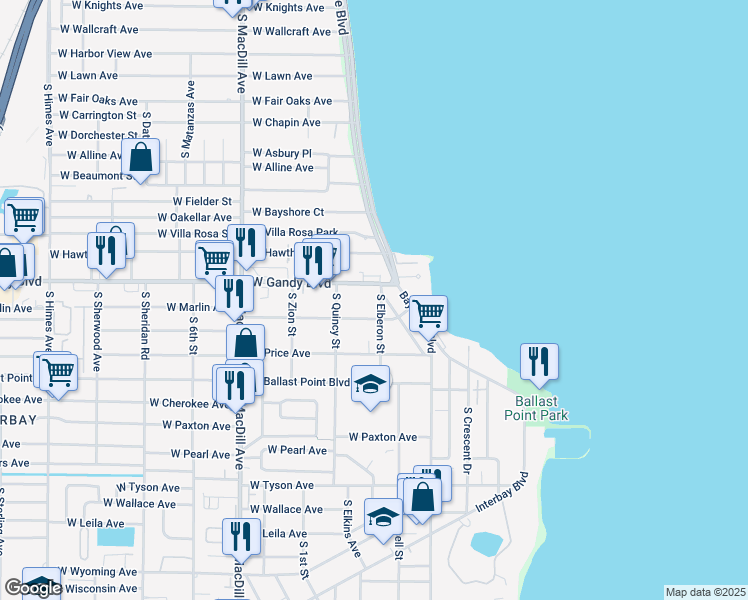 map of restaurants, bars, coffee shops, grocery stores, and more near 4911 South Elberon Street in Tampa
