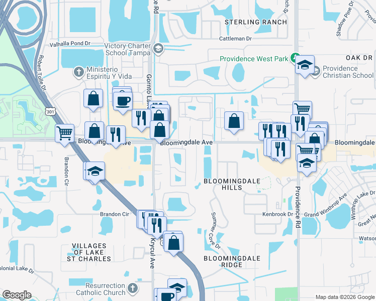 map of restaurants, bars, coffee shops, grocery stores, and more near 6577 Osprey Lake Circle in Riverview