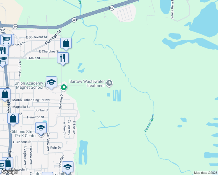map of restaurants, bars, coffee shops, grocery stores, and more near 2505 East Wabash Street in Bartow