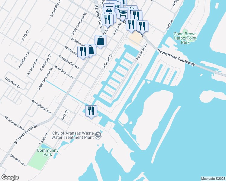 map of restaurants, bars, coffee shops, grocery stores, and more near 1037 Pompano Drive in Aransas Pass